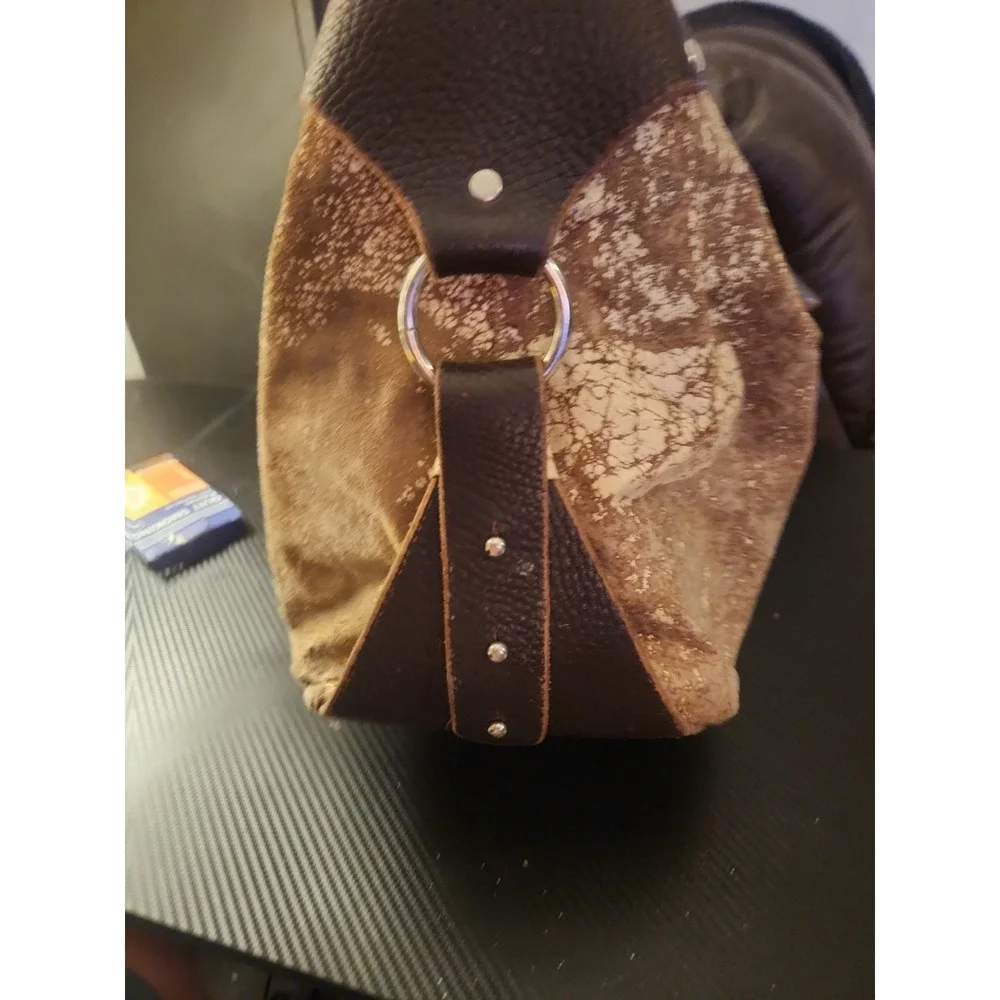 Vtg Tylie Malibu Distressed Crackle Metallic Suede Hobo Bag with Leather Accents